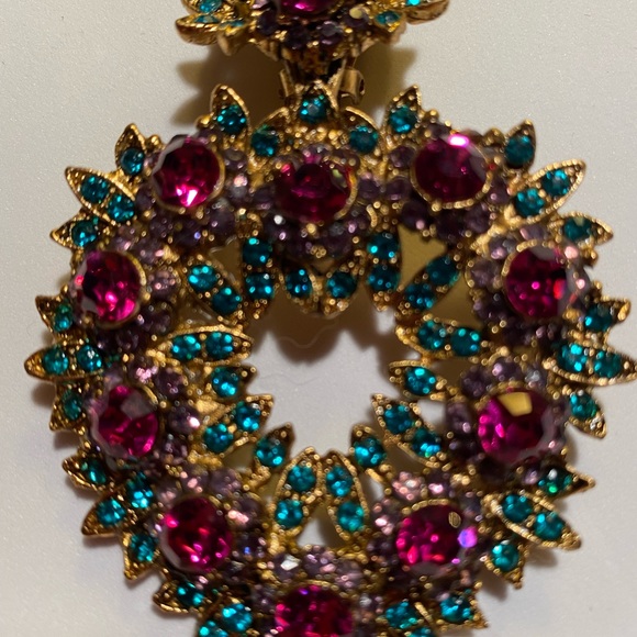 THELMA DEUTSCH EARRINGS: Large Heart Dangle with Fuschia/Violet/Turquoise stones - Picture 3 of 5